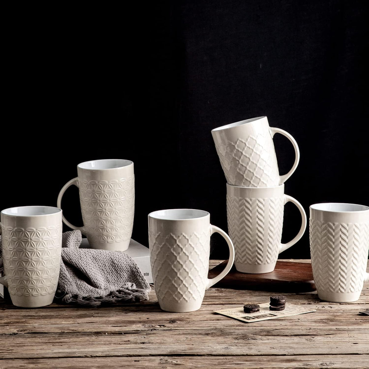 AmorArc Extra Large Coffee Mugs Set of 6, 20oz Ceramic Tall Coffee Mugs Set with Textured Geometric