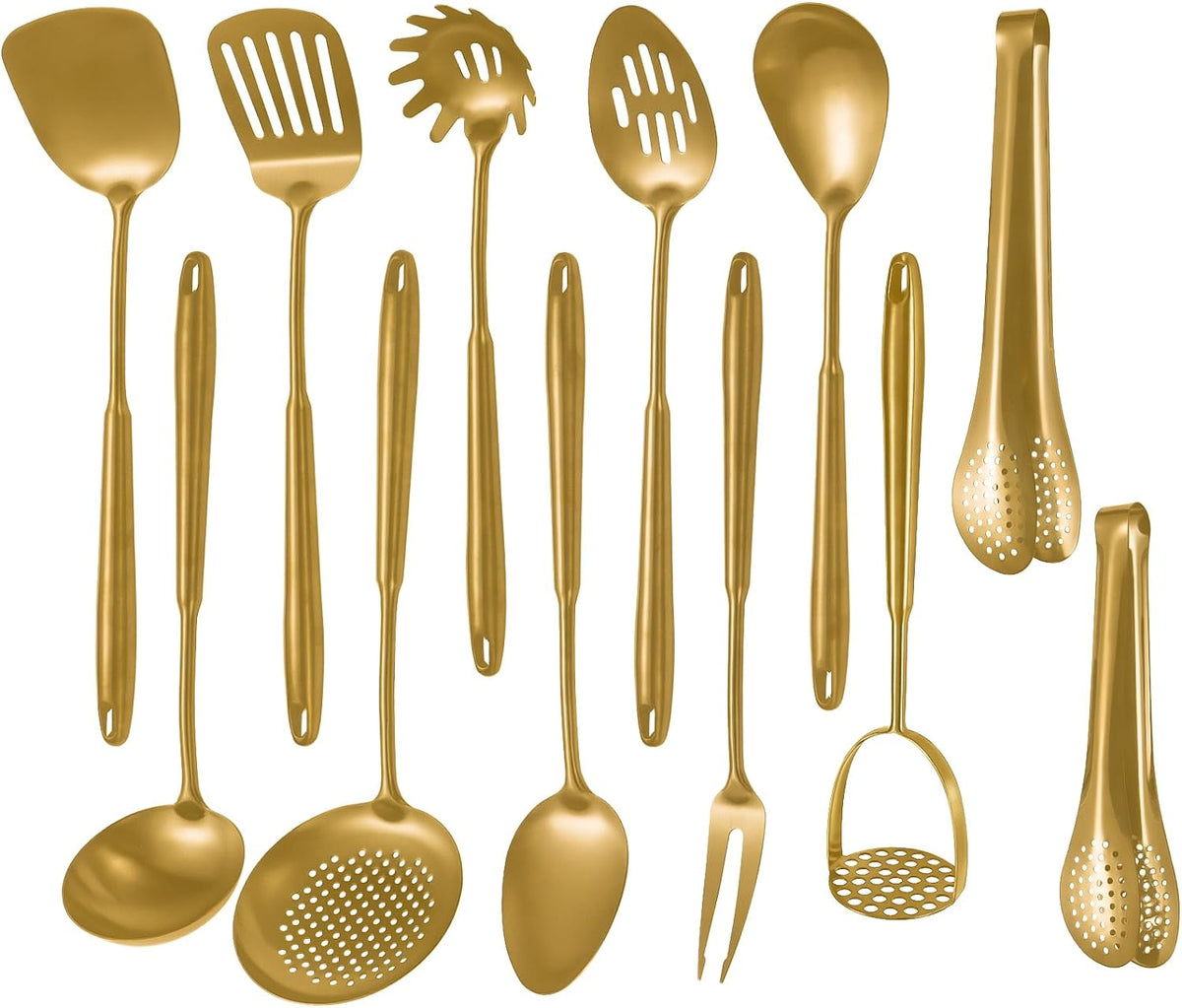 304 Stainlss Steel Matte Kitchen Utensils Set, 12 Pcs Long Metal Cooking Utensil Gadgets Tools Set