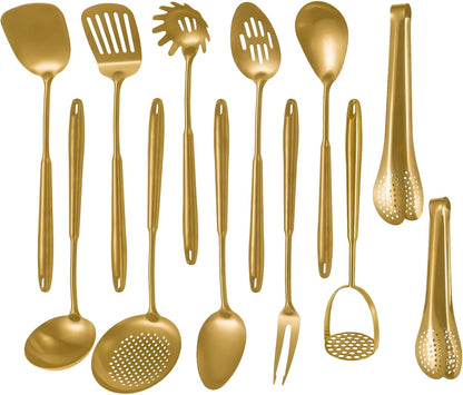 304 Stainlss Steel Matte Kitchen Utensils Set, 12 Pcs Long Metal Cooking Utensil Gadgets Tools Set