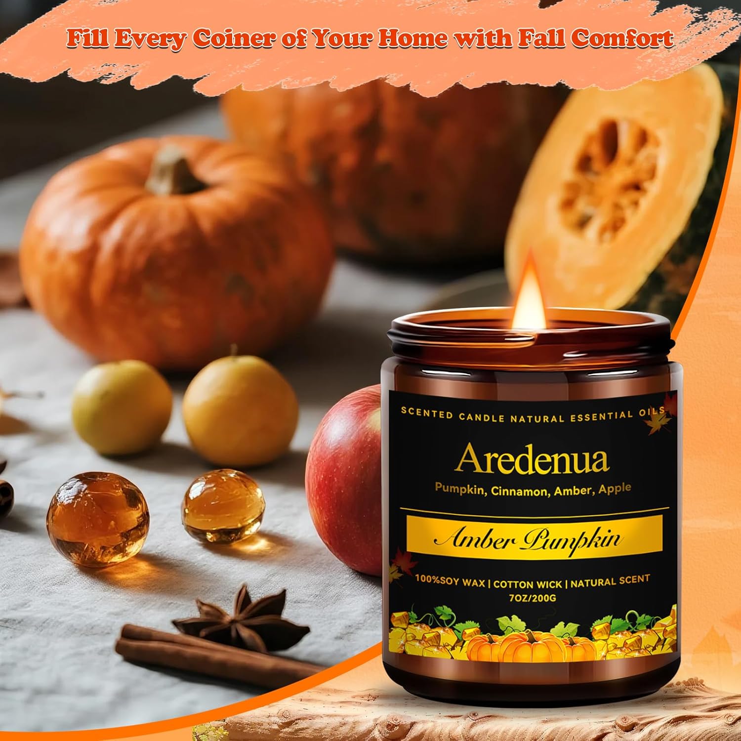 Amber Pumpkin Candle | Fall Pumpkin Candles - Scented Candle for Autumn, 7oz Soy Candles for Home