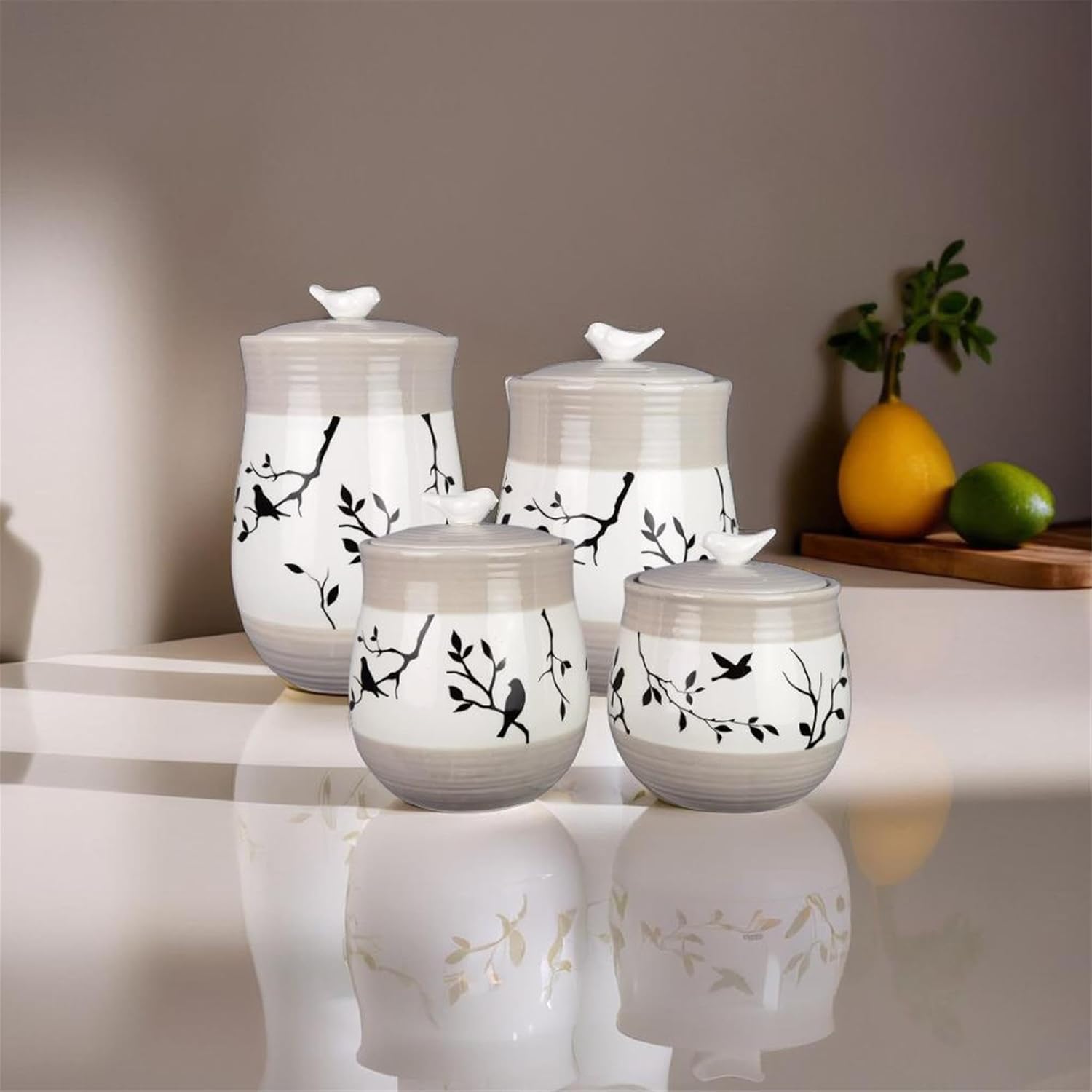 Young's Inc. 4 Pcs Set Botanical Ceramic Canisters- Storage Container for Kitchen and Bathroom