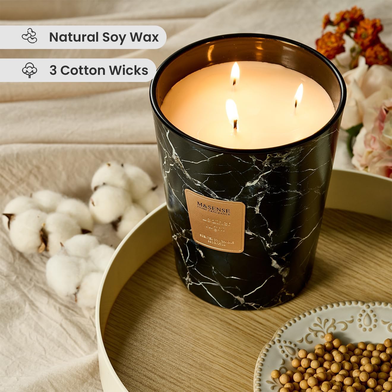 M&SENSE LeatherNight Scented Candles for Home, 3-Wick Highly Scented Jar Candles, Extra Large