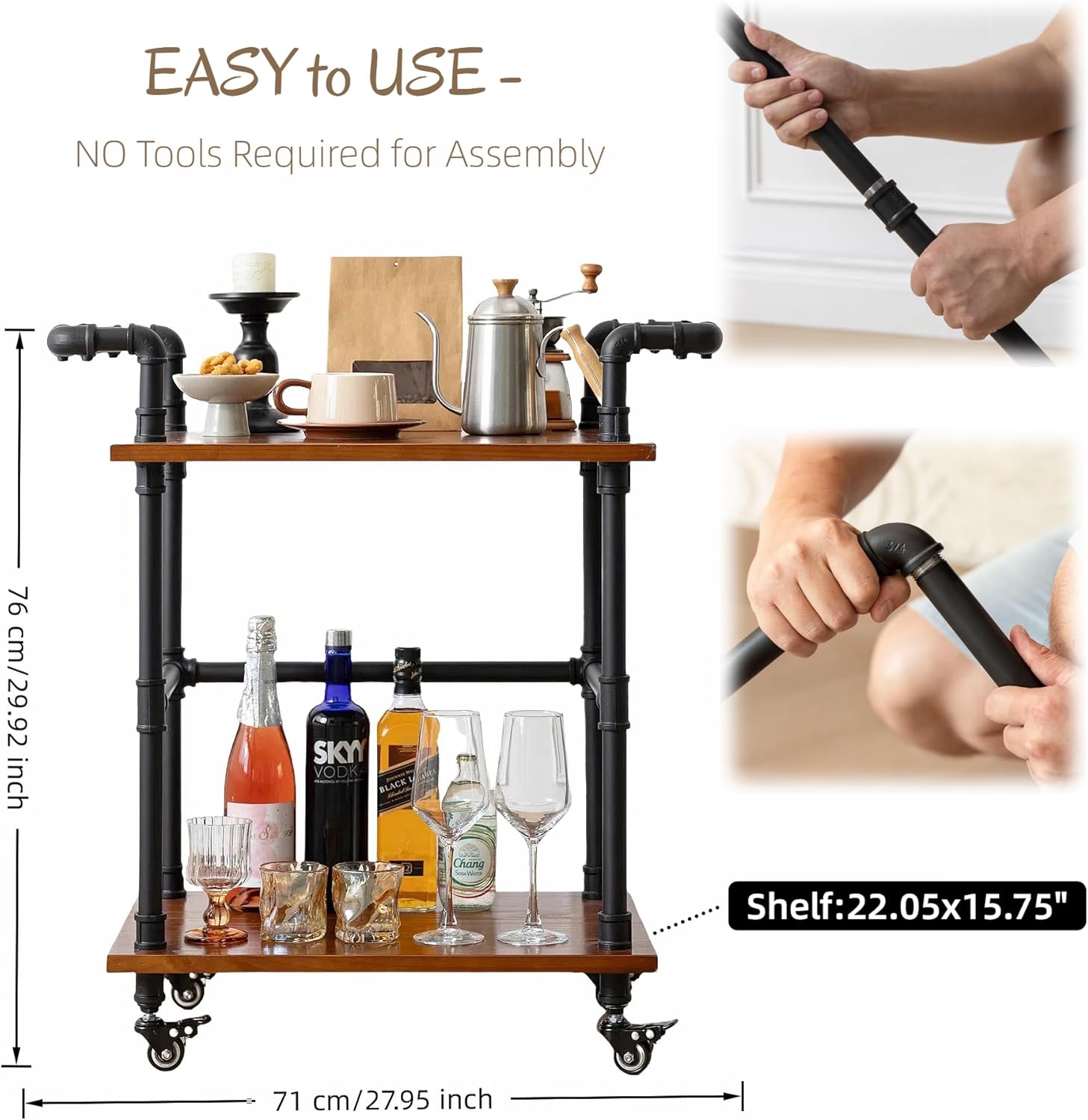 Industrial Pipe Bar Carts/Serving Carts/Kitchen Carts/Wine Rack Carts on Wheels with Shelves - Wood