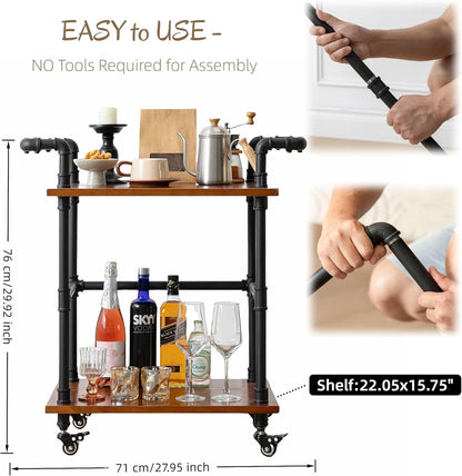 Industrial Pipe Bar Carts/Serving Carts/Kitchen Carts/Wine Rack Carts on Wheels with Shelves - Wood
