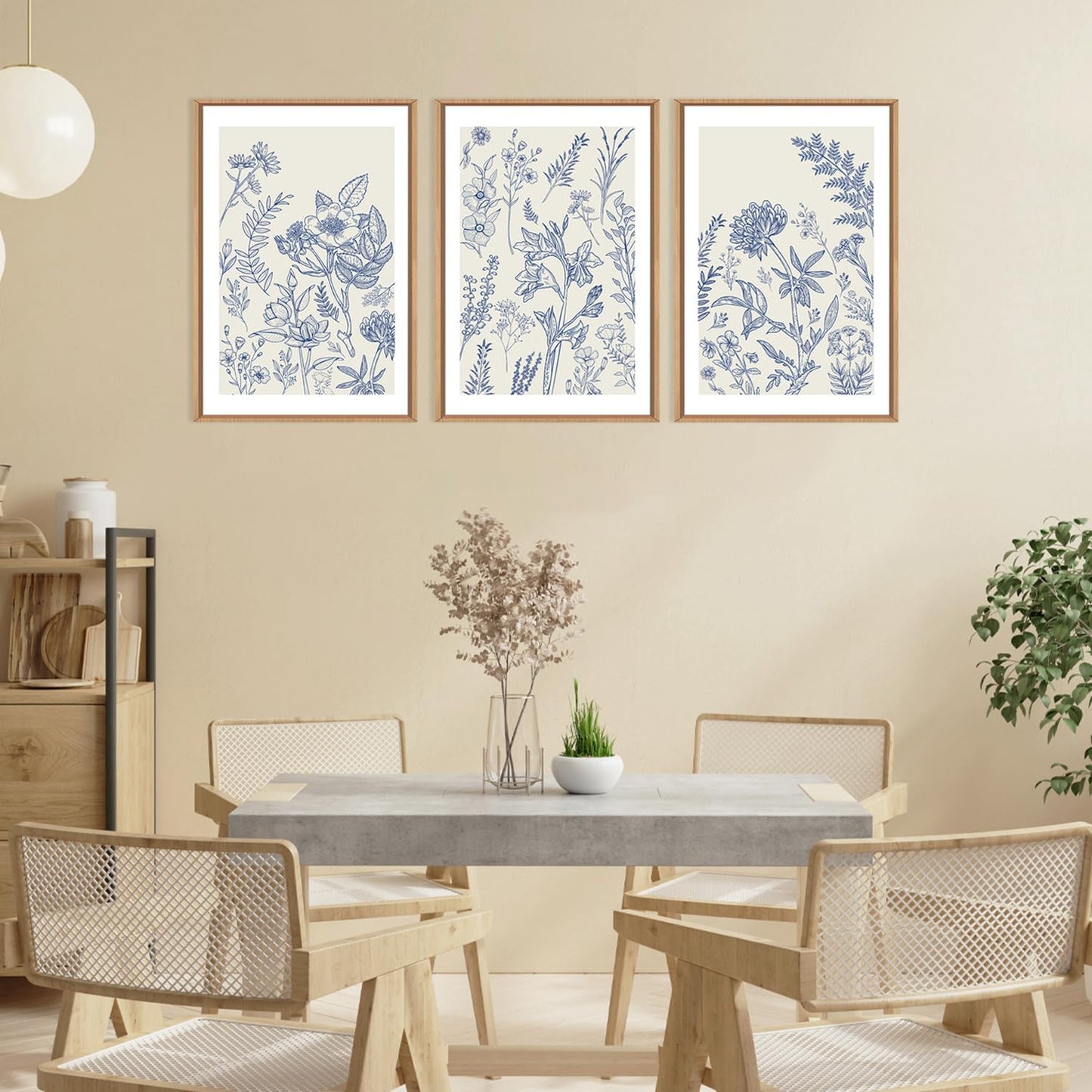 HPINUB Classic Chinoiserie Floral Framed Canvas Wall Art Set,Watercolor Blue and White Botanical