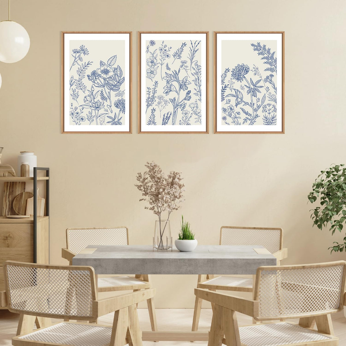 HPINUB Classic Chinoiserie Floral Framed Canvas Wall Art Set,Watercolor Blue and White Botanical