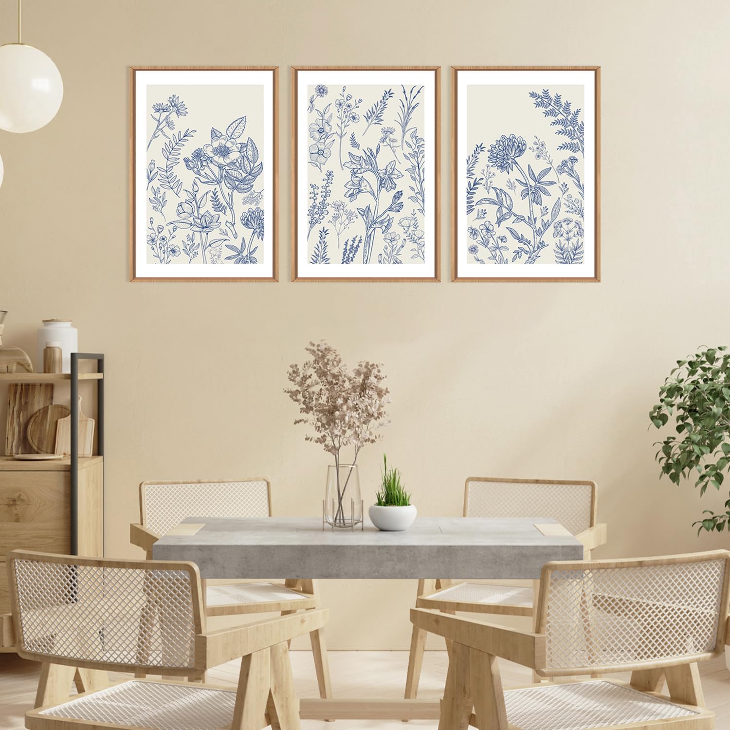 HPINUB Classic Chinoiserie Floral Framed Canvas Wall Art Set,Watercolor Blue and White Botanical