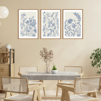 HPINUB Classic Chinoiserie Floral Framed Canvas Wall Art Set,Watercolor Blue and White Botanical