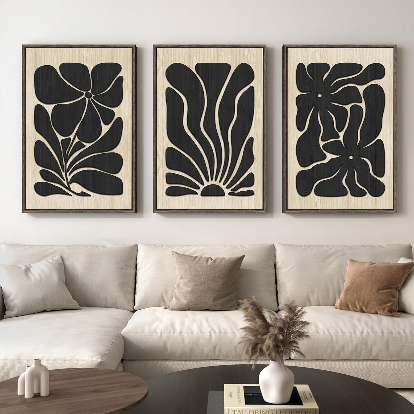 Framed Textured Wood 3D Wall Art for Living Room, Large Boho Floral Black and Beige Artwork for