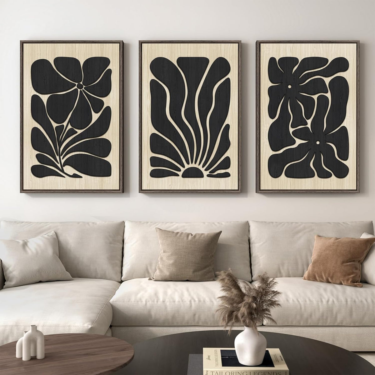 Framed Textured Wood 3D Wall Art for Living Room, Large Boho Floral Black and Beige Artwork for