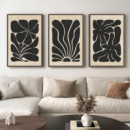 Framed Textured Wood 3D Wall Art for Living Room, Large Boho Floral Black and Beige Artwork for