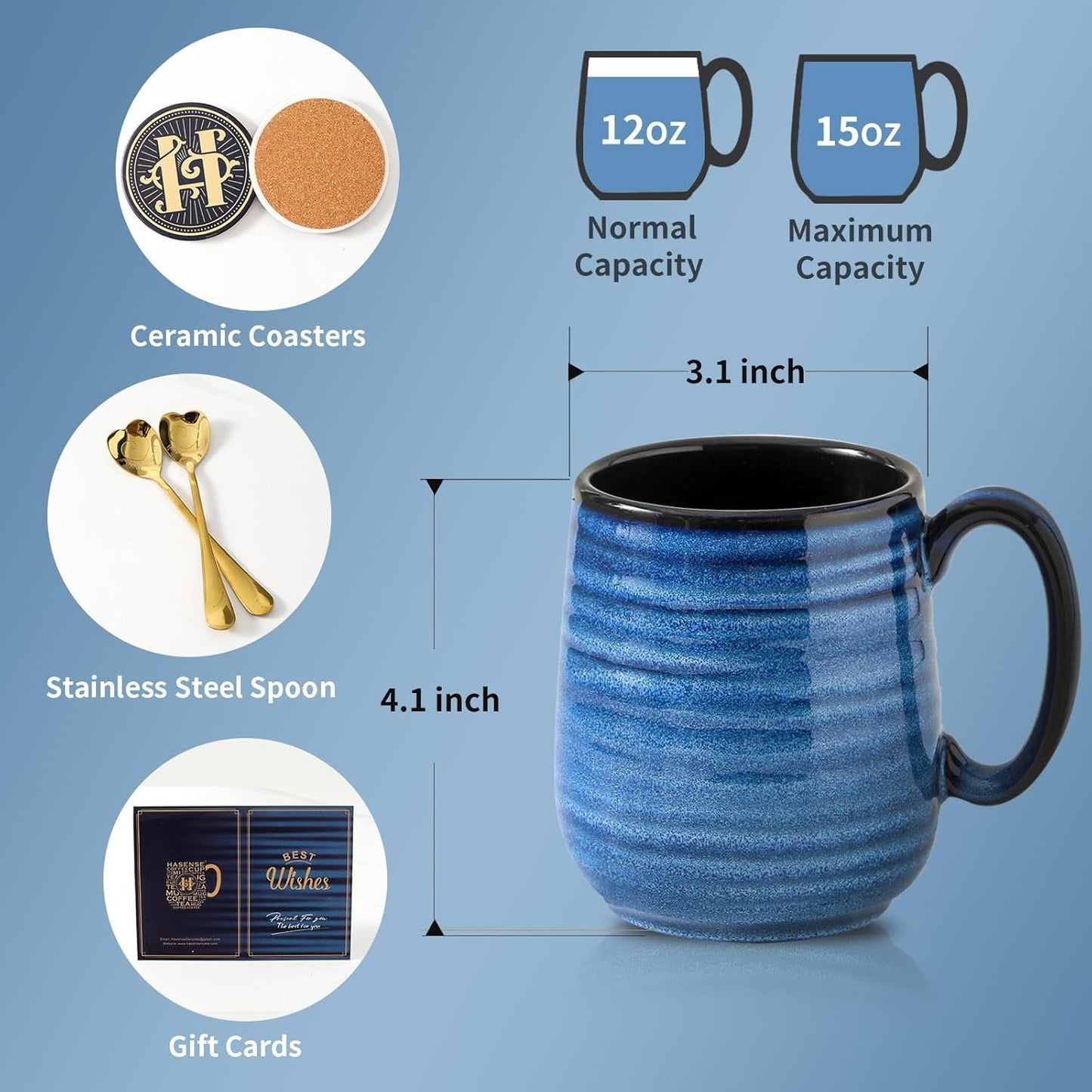 Hasense Coffee Mugs Set of 2, 12oz Ceramic Glazed Mugs with Handles, Blue Reactive Glazes Tea Cups