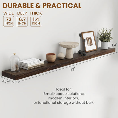 72" Floating Shelves for Wall, Rustic Elm Wood Floating Shelf for Home Decor, Wall-Mounted Display