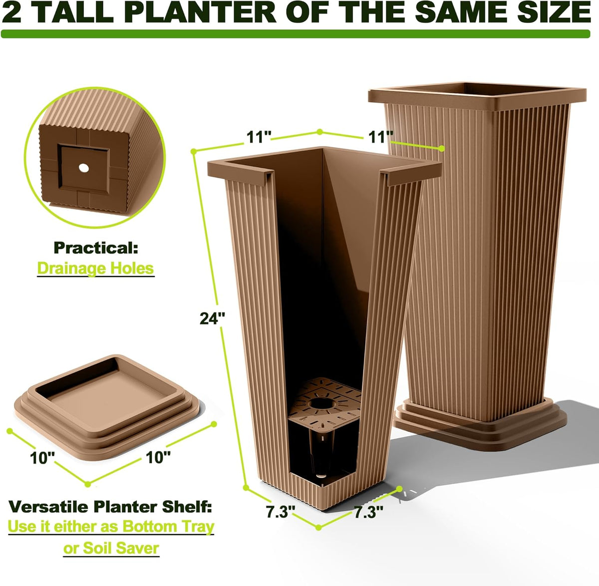 FENCY Set of 2 Tall Planters for Outdoor Plants, 24 Inch Large Tapered Pots with Drainage Trays