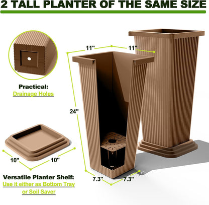 FENCY Set of 2 Tall Planters for Outdoor Plants, 24 Inch Large Tapered Pots with Drainage Trays