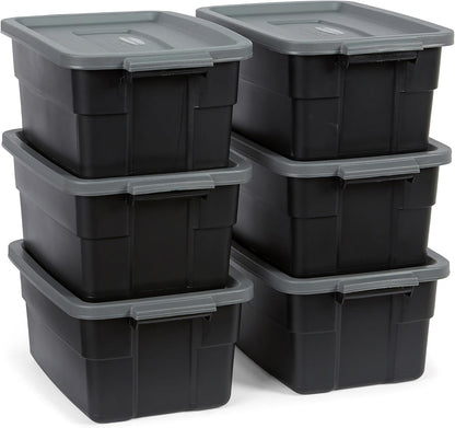 Rubbermaid Roughneck Tote 3 Gal, 6 Pack, Made in USA, Black & Gray, Rugged Plastic Stackable