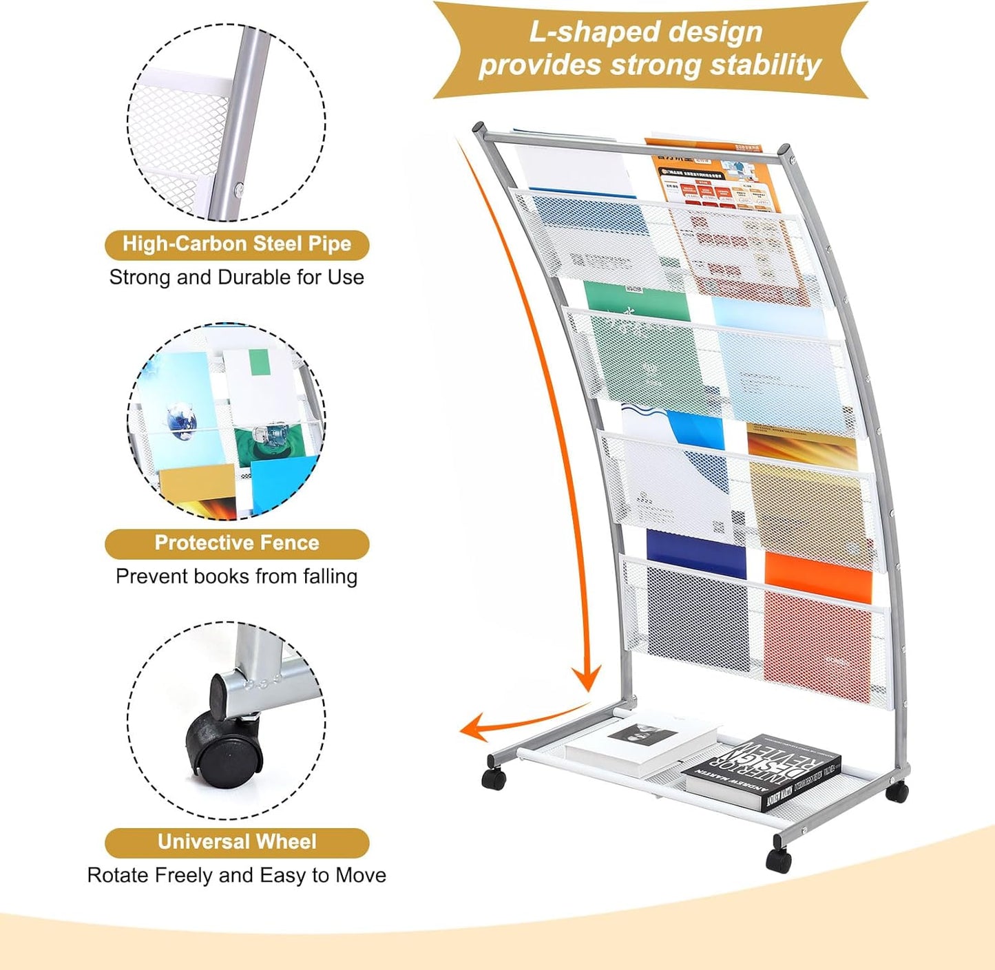 PATIKIL L-shaped Magazine Display Racks Floor Standing 4 Layers Brochure Stand Catalog Literature