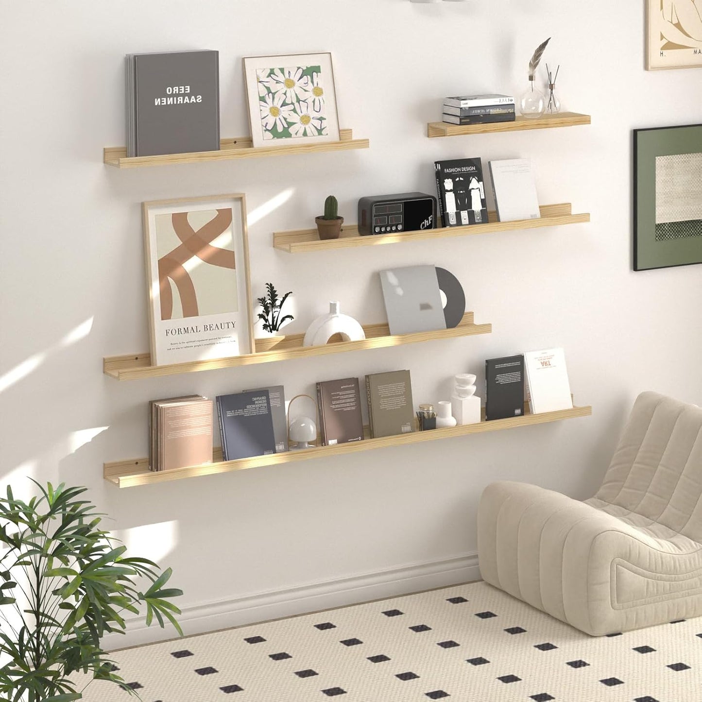 SAUMONIERES Picture Ledge Shelf Floating Book Shelves Set of 2 Wall Mounted Solid Wood for Bedroom