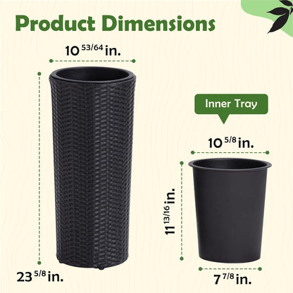 IDZO All Weather Wicker Planters for Outdoor Plants Set of 2, 24 inch Tall Black Planter for Front