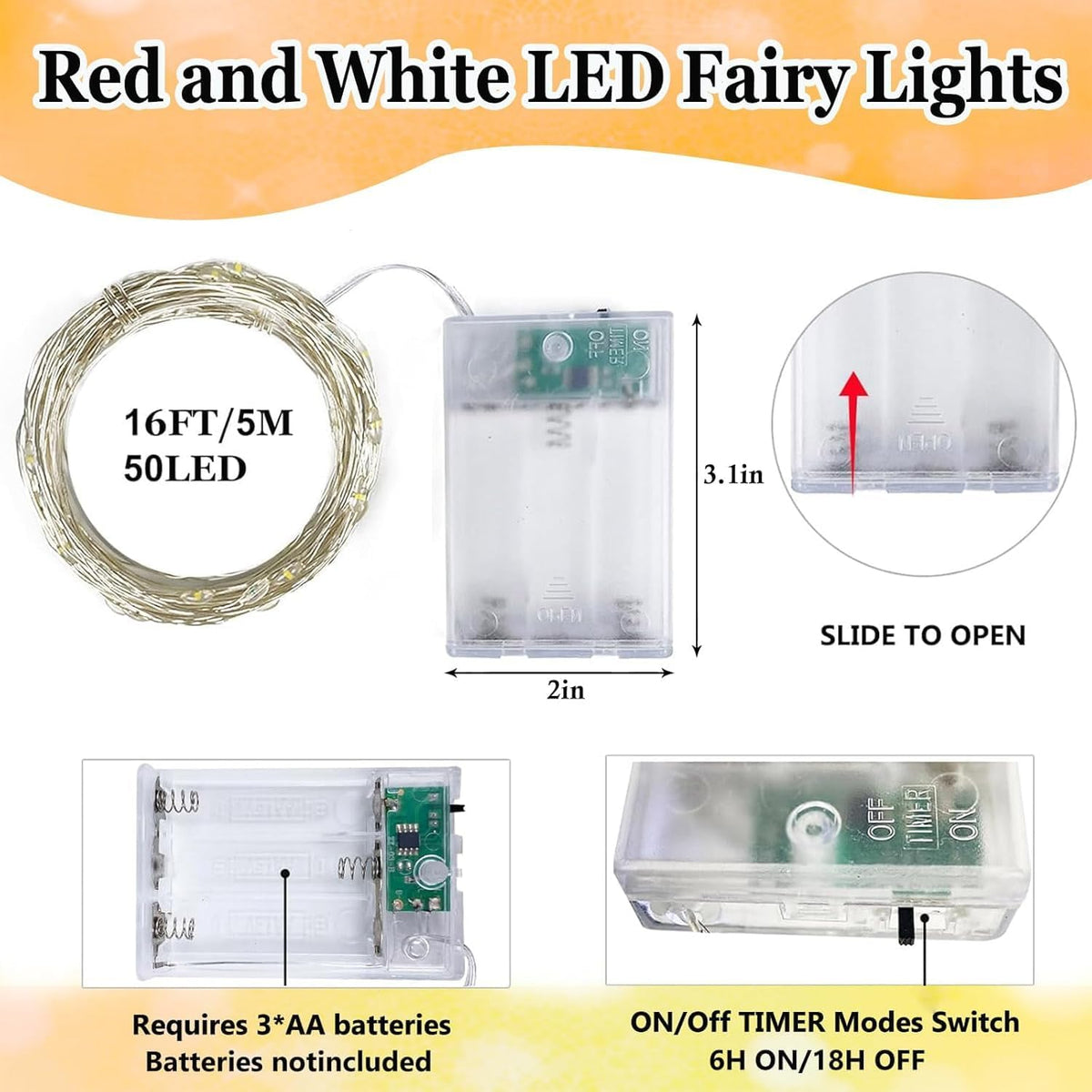 4-Pack Red and White Fairy Lights Battery Operated with Timer, Waterproof 16FT 50 LED String Lights