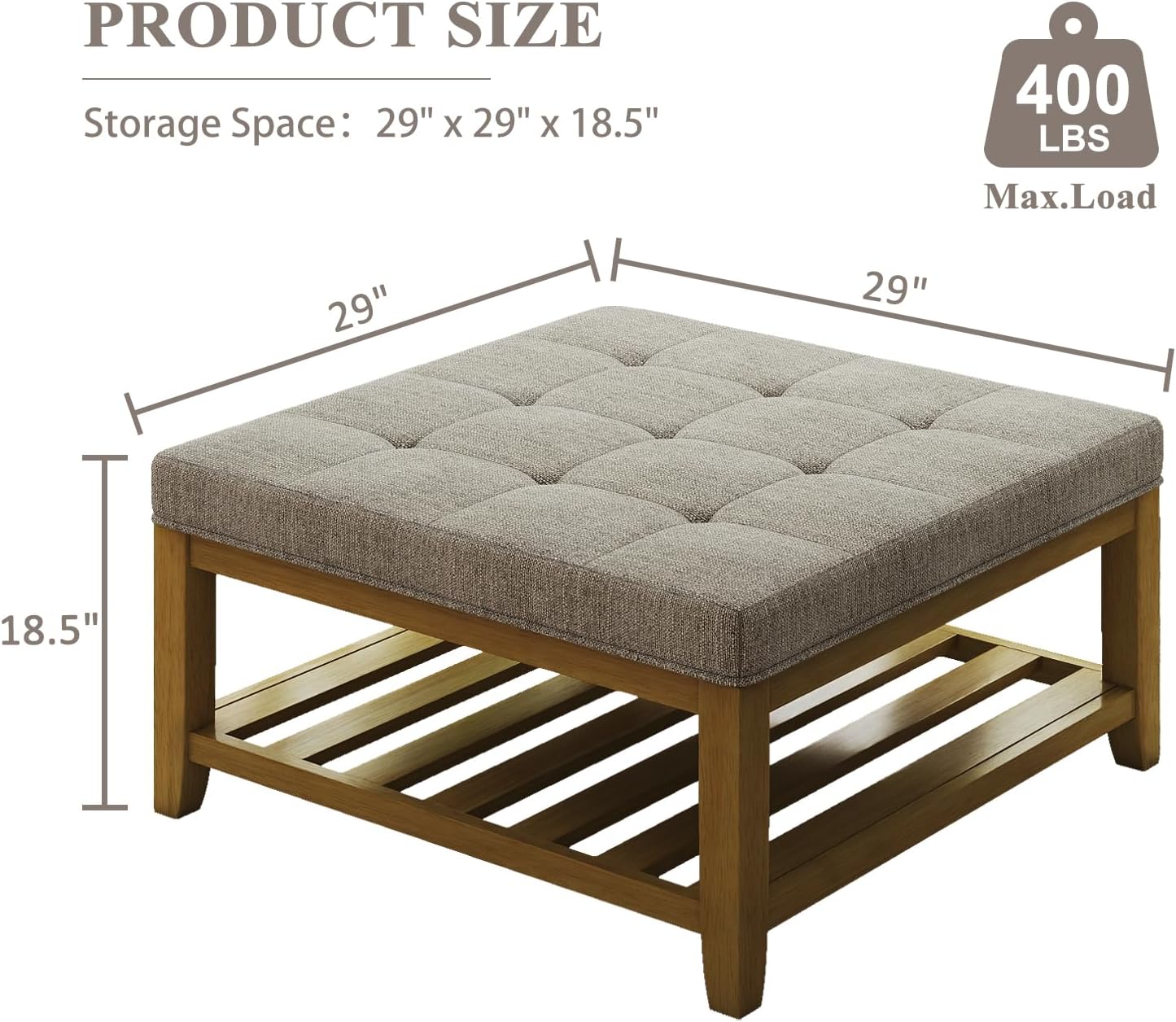Large Square Ottoman Coffee Table, Linen Solid Upholstered Footrest Ottoman with Solid Wood Shelf