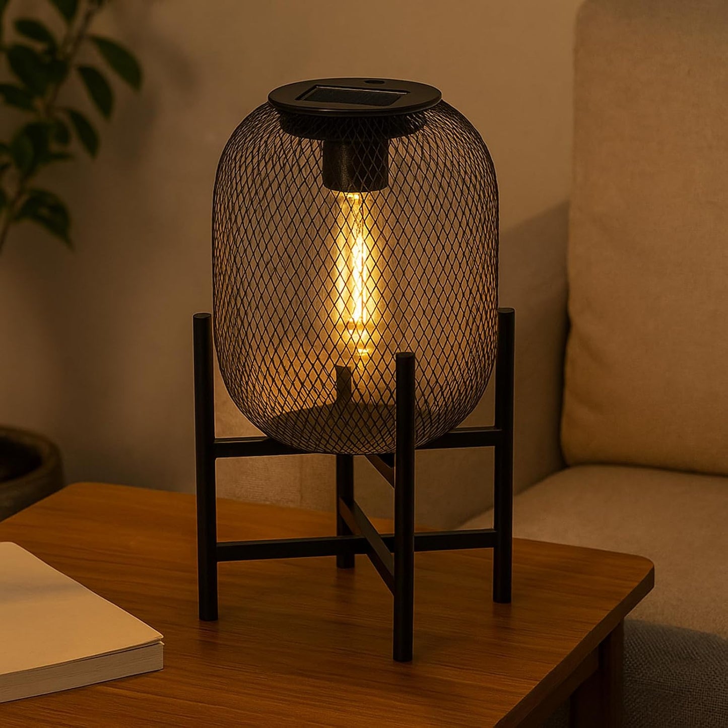 Solar Mesh Lantern Outdoor – 13.8" Tall Black Metal Patio Light with Edison Glass Bulb, Solar