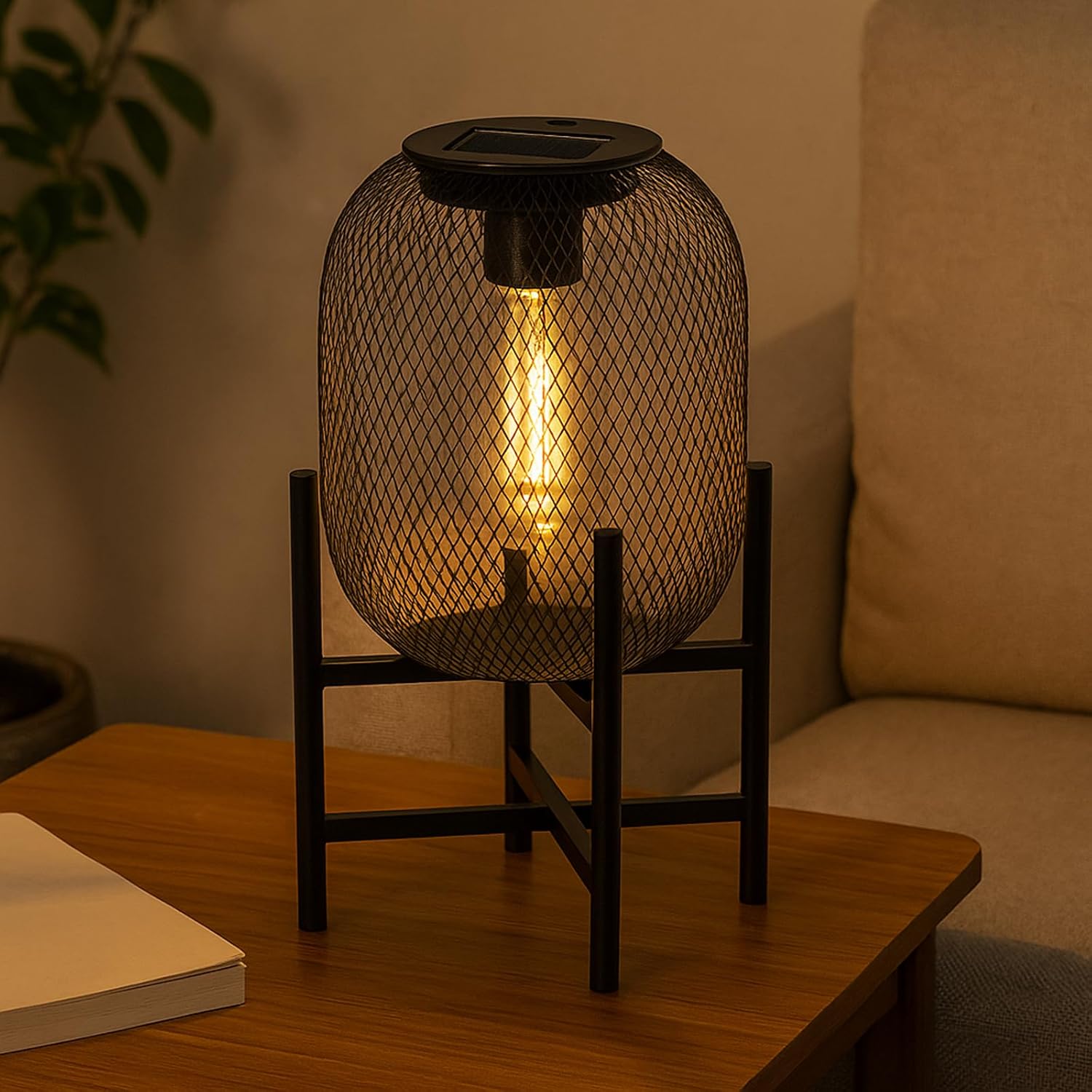 Solar Mesh Lantern Outdoor – 13.8" Tall Black Metal Patio Light with Edison Glass Bulb, Solar