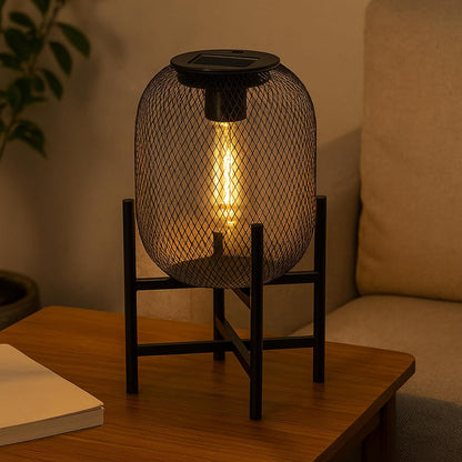 Solar Mesh Lantern Outdoor – 13.8" Tall Black Metal Patio Light with Edison Glass Bulb, Solar