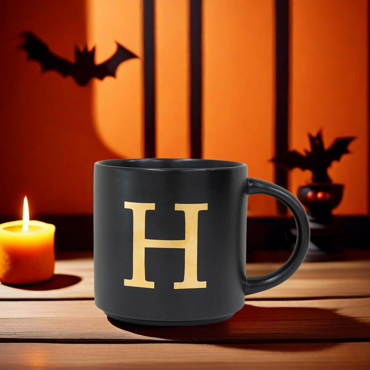 COLLECTIVE HOME - Monogram Ceramic Mugs, 15 oz Golden Initial Black Coffee Cups, Elegant Alphabet