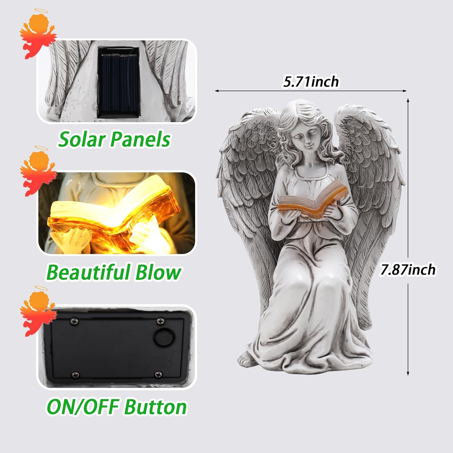 Angel Statue Outdoor Decor, Elegant Angel Garden Statues Reading Book with Solar LED Lights Yard