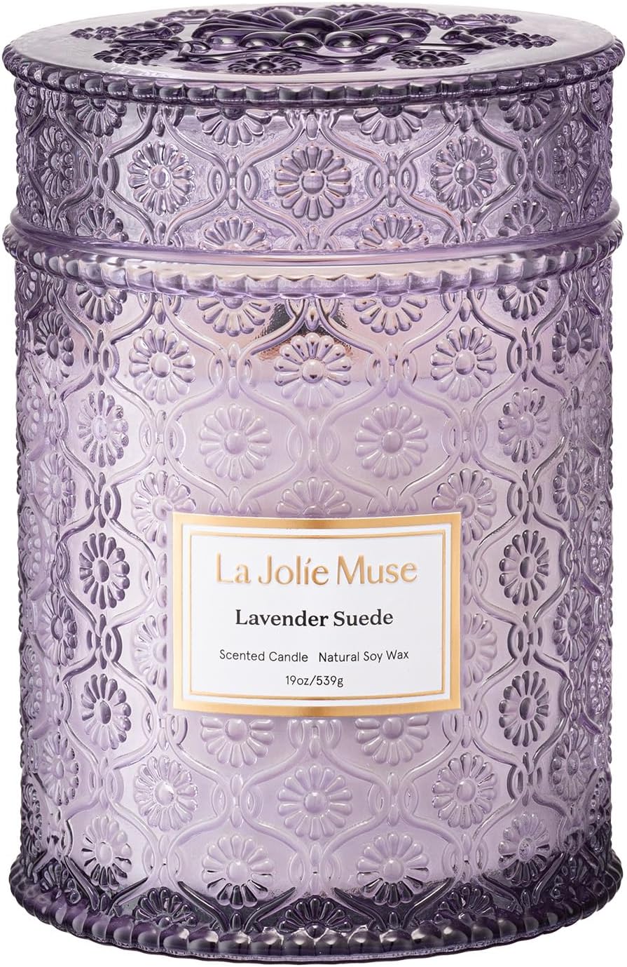 LA JOLIE MUSE Lavender Suede Candle – Eucalyptus, Lavender & Sandalwood 19 oz Large Wooden Wick