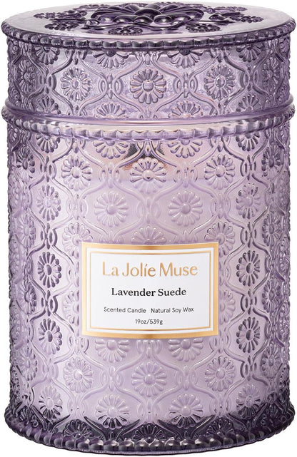 LA JOLIE MUSE Lavender Suede Candle – Eucalyptus, Lavender & Sandalwood 19 oz Large Wooden Wick