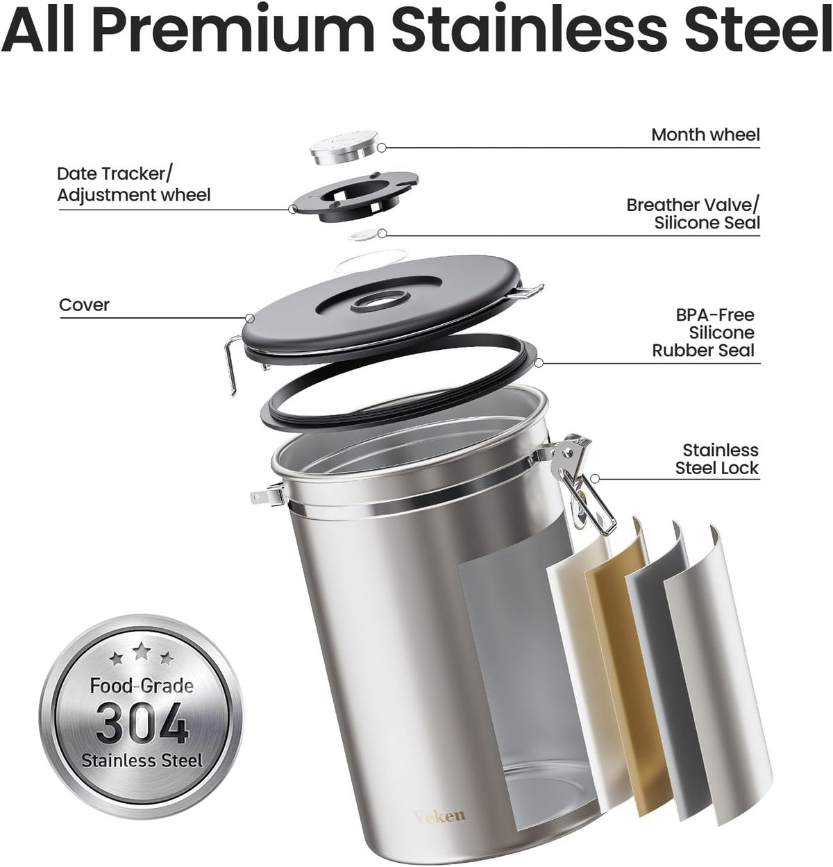 Veken Coffee Canister, 39OZ Large, Airtight Stainless Steel Food Storage Container for 2.2lbs