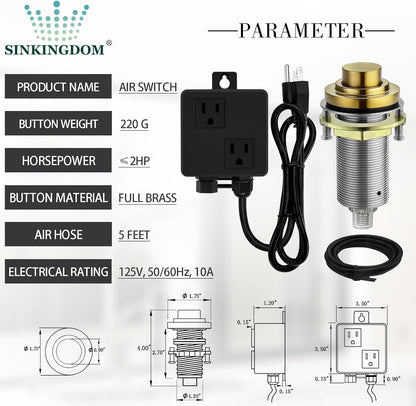 SinkTop Air Switch Kit (Long Full Brass Button) for Disposal, Dual Outlet, (Champagne Bronze)