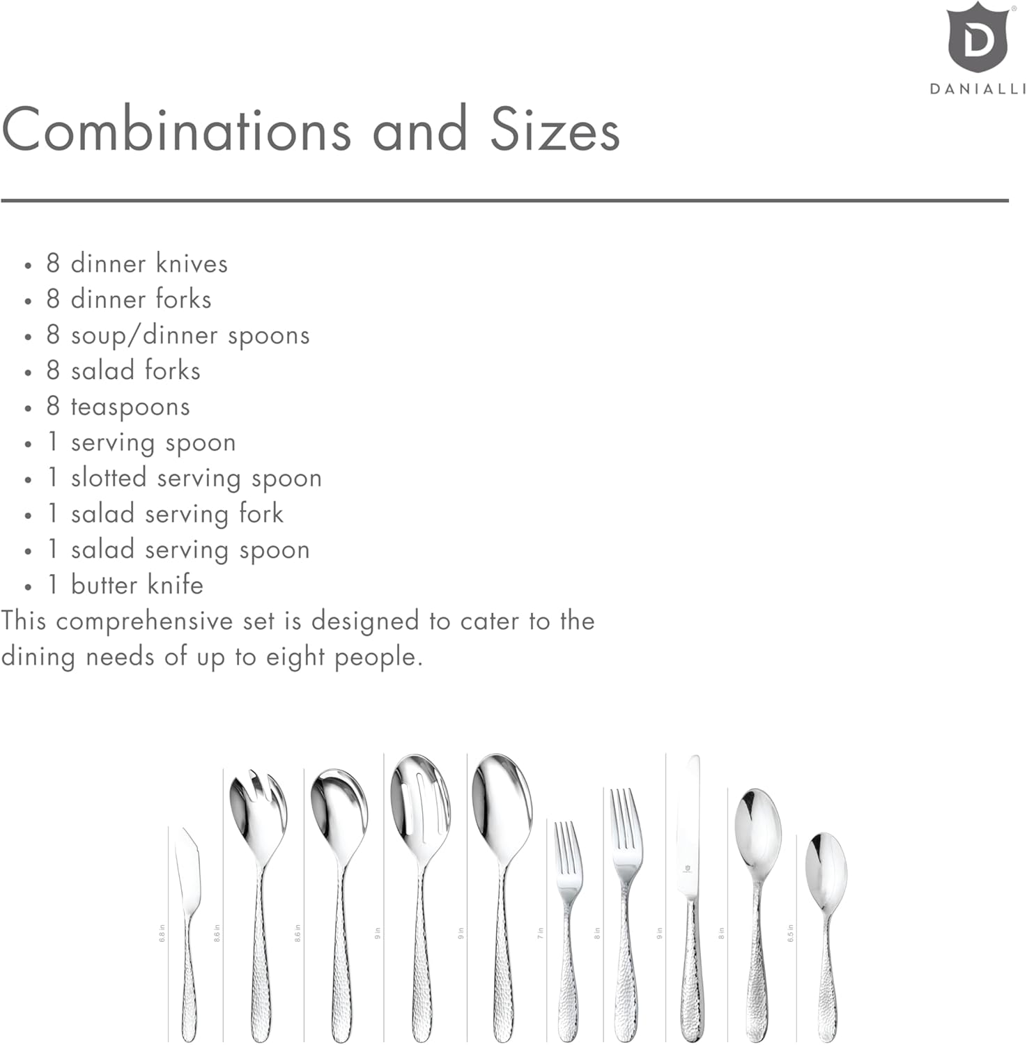 Hammered Silverware Set with Serving Utensils, 18/10 Stainless Steel Flatware for 8, Dishwasher