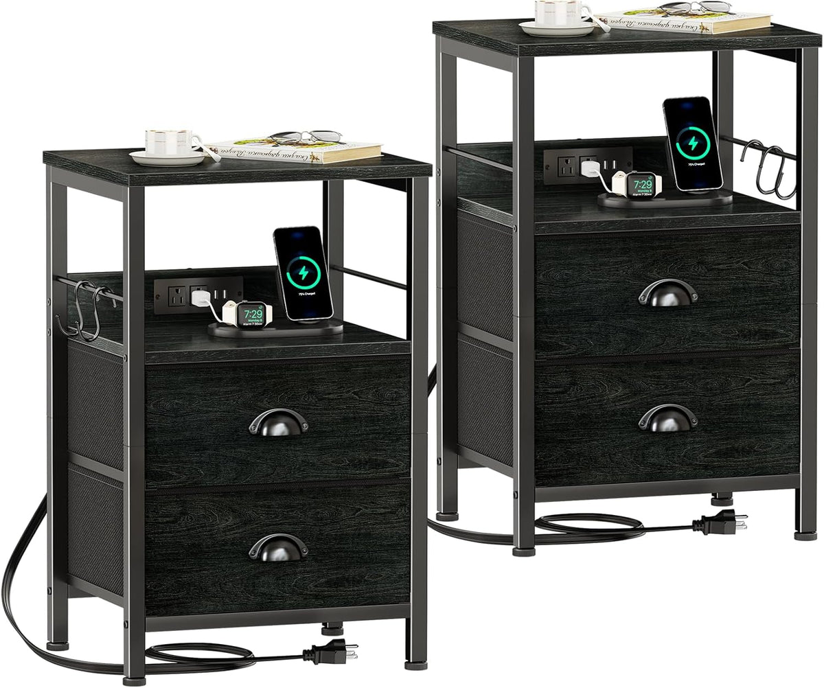 Furologee Nightstand Set of 2, Black Oak, with Charging Station and USB Ports, Side Tables with 2
