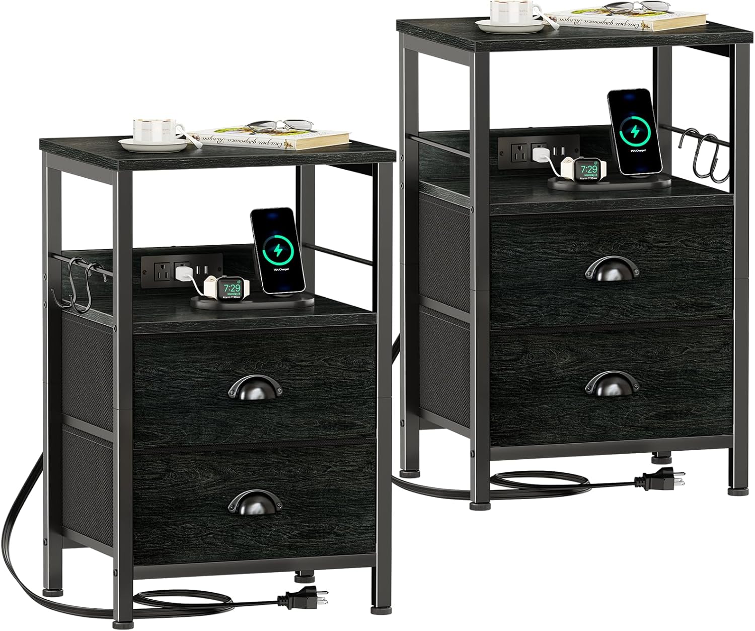Furologee Nightstand Set of 2, Black Oak, with Charging Station and USB Ports, Side Tables with 2