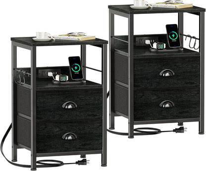 Furologee Nightstand Set of 2, Black Oak, with Charging Station and USB Ports, Side Tables with 2