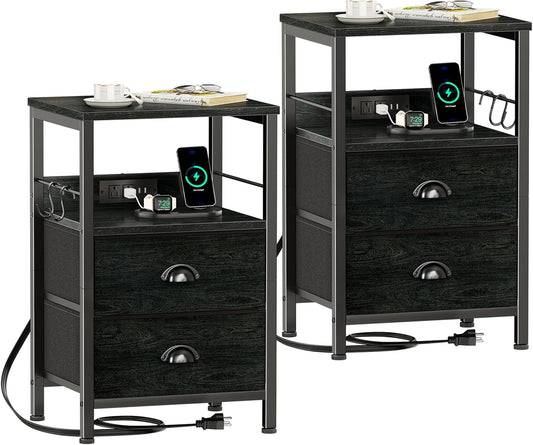Furologee Nightstand Set of 2, Black Oak, with Charging Station and USB Ports, Side Tables with 2