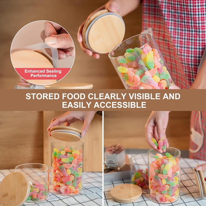 Glass Food Storage Jars 6-Pack 37oz - 4x6 in-Clear Glass Food Canisters with Bamboo Lid Airtight