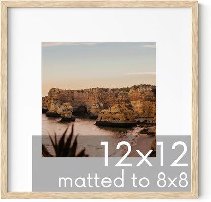 Haus and Hues Solid Oak 12”x12” Picture Frame Matted to 8”x8” - 12x12 Wood Frame, 12x12 Frame with