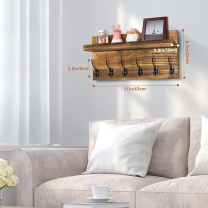 Shelf with Hooks, Coat Rack Wall Mount with 6 Double Metal Hooks, 17 Inch Farmhouse Wall Hooks with