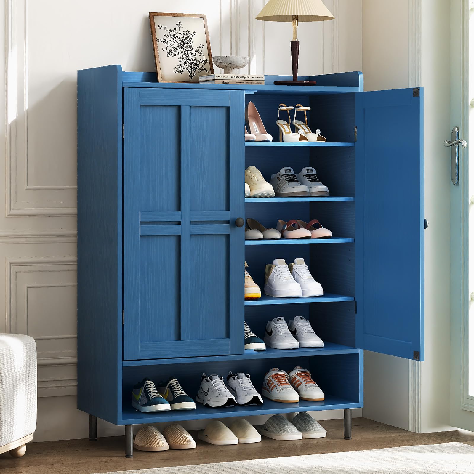 ComfyCorner Shoe Cabinet with Cross Molding Doors, 6-Tier Storage, Blue