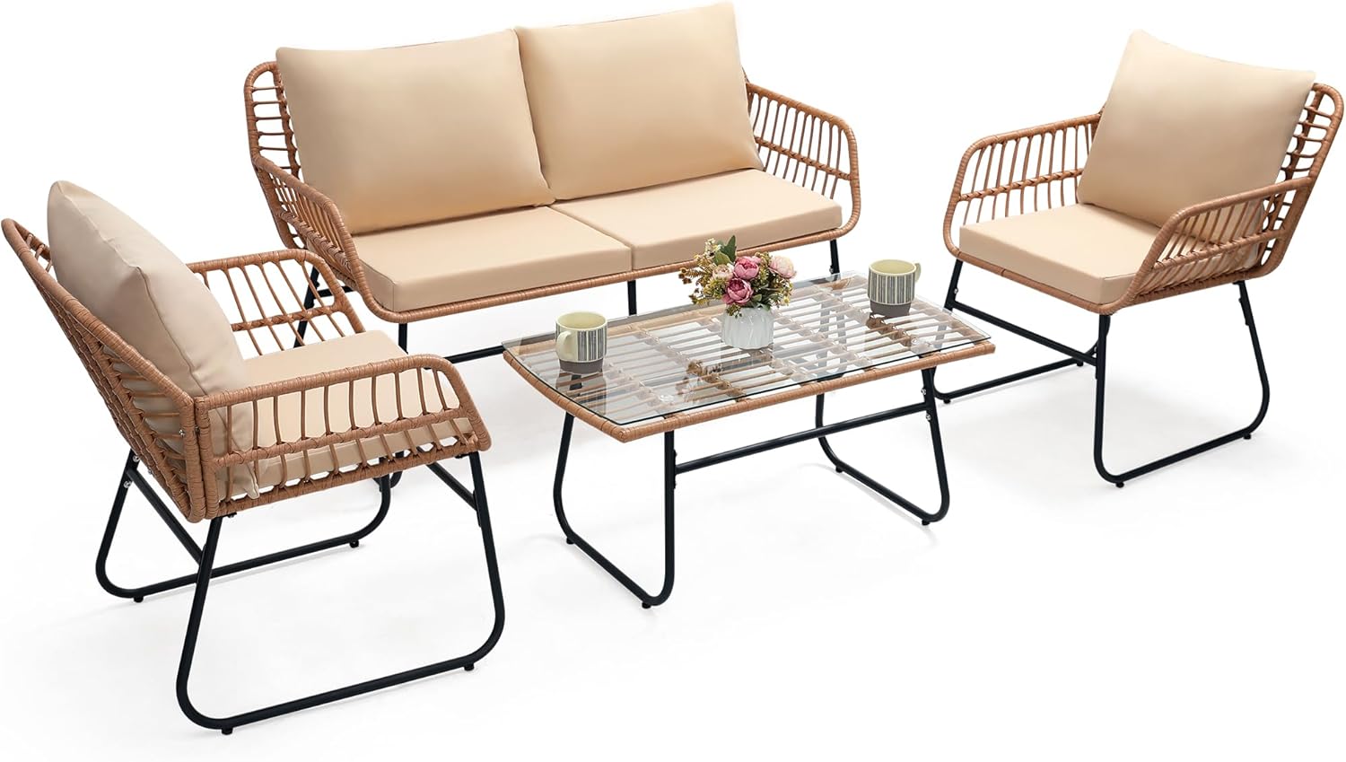 Kromax 4 Piece Patio Bistro Outdoor Furniture Set, Wicker Sofa, 2 Rattan Chairs, and Table