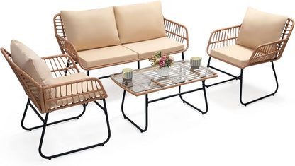 Kromax 4 Piece Patio Bistro Outdoor Furniture Set, Wicker Sofa, 2 Rattan Chairs, and Table