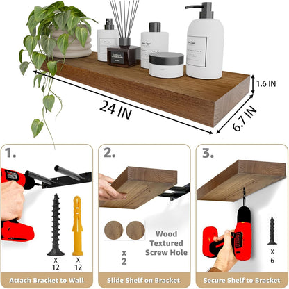 IAE Walnut Floating Wall Shelves 24 inch, Bathroom Shelves Wall Mounted,Invisible Shelves Floating