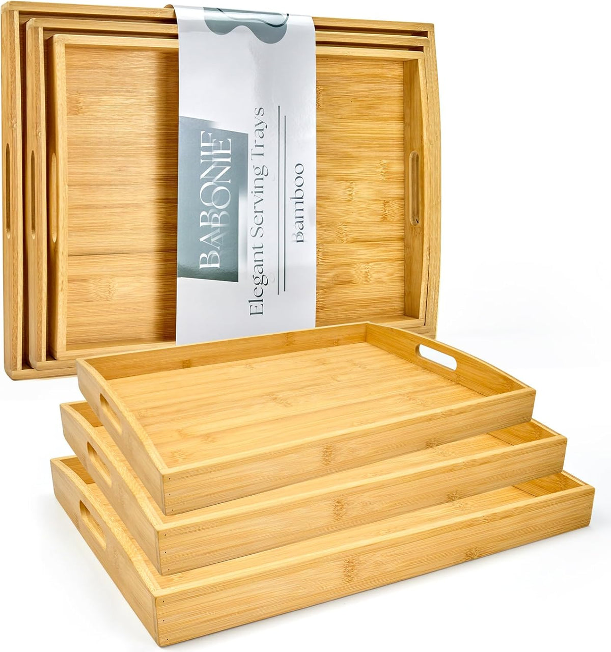 Bamboo Serving Tray with Handles Set of 3 - Decorative Wooden Trays for Eating, Working, and