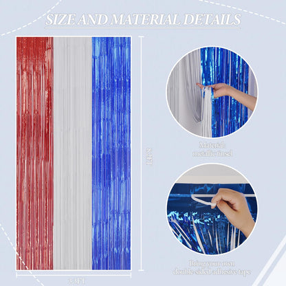 3 Pack Foil Fringe Backdrop - Red&White&Blue Shiny Tinsel Curtains for Party Decoration/Photo Booth