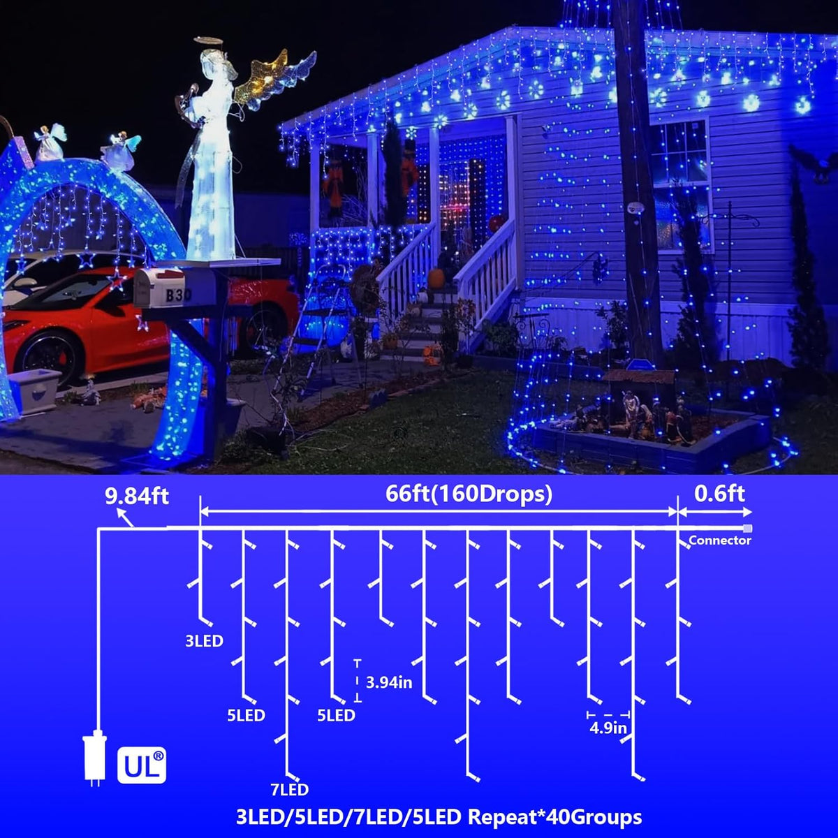YEGUO 66ft 800 LED Blue Icicle Lights Outdoor Waterproof, 160 Drops Icicle String Light