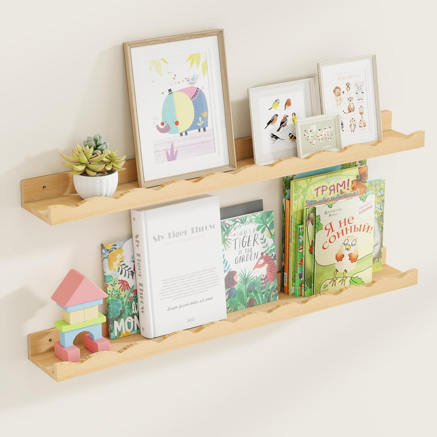 Fun Memories Picture Ledge Shelf for Wall, 36 inch Pine Wood Nursery Book Shelves Set of 2- Wall
